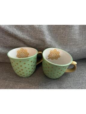 2017 Pioneer Woman Holiday Charm Coffee Mugs Set Of 2 Mint Gold Dots Tea Cups
